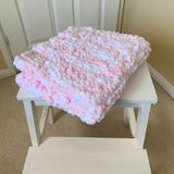 Hand Knitted Pink and White Baby Blanket, Mini Pom Pom Wool