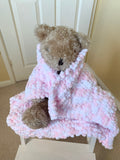 Hand Knitted Pink and White Baby Blanket, Mini Pom Pom Wool