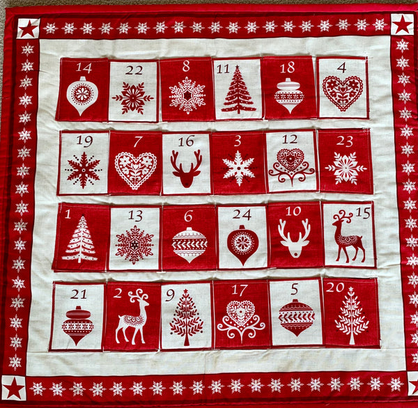 Red and white Scandi style reusable fabric,  pocket advent calendar