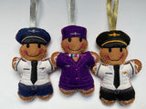 Airline pilot and cabin crew felt gingerbread man decorations.