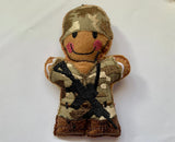 Soldier gingerbread man ornament in MTP, with helmet and faux leather boots.