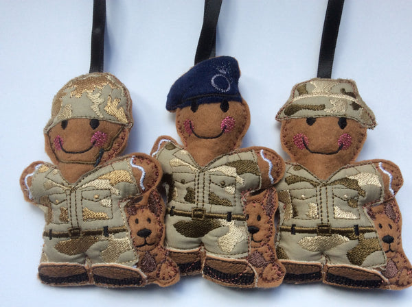 Military dog handler, machine embroidered felt gingerbread man Christmas decoration.  Available in three designs