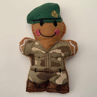 Royal Marine commando khaki belt, felt gingerbread man ornament.