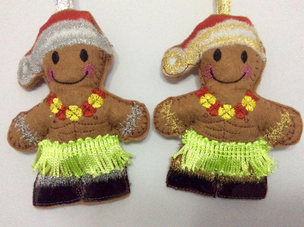 Hawaiian Santa, machine embroidered felt gingerbread Christmas decoration.