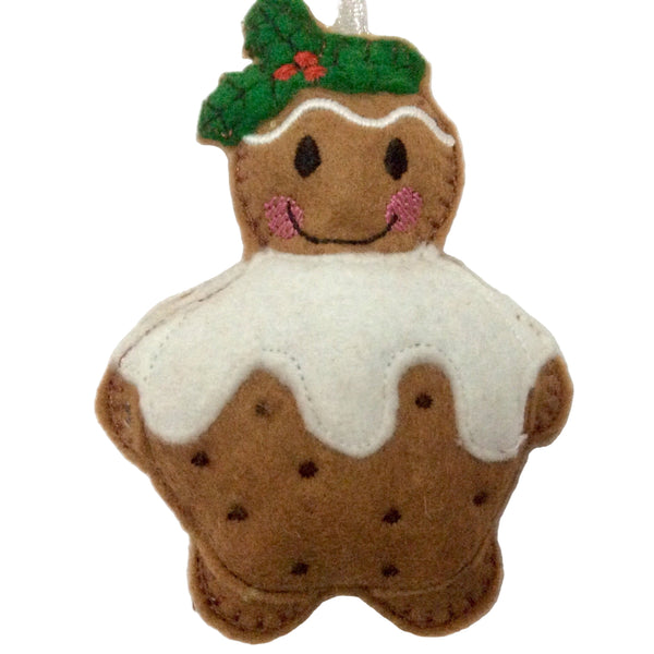 Christmas pudding felt gingerbread man tree decoration.