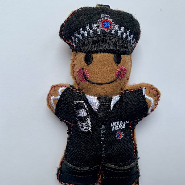 South Welsh police officer machine embroidered felt gingerbread decoration.