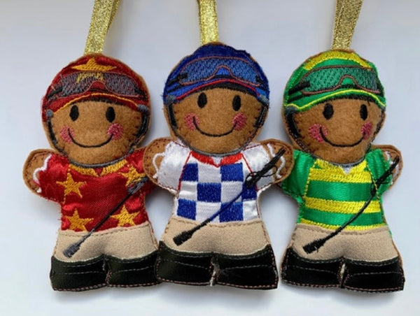 Jockey, machine embroidered felt gingerbread Christmas decoration. Available in blue check, green stripe or red star design