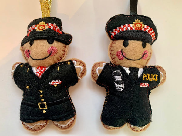 City of London Police Officer felt gingerbread  decoration. Lightly filled to create depth and character. Hand sewn finish