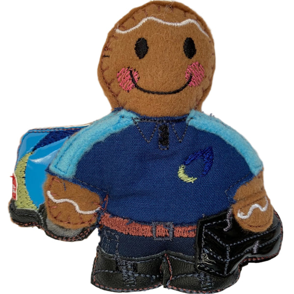Gas fitter, machine embroidered felt gingerbread man Christmas decoration.