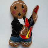 Guitarist, machine embroidered felt gingerbread man Christmas tree decoration.