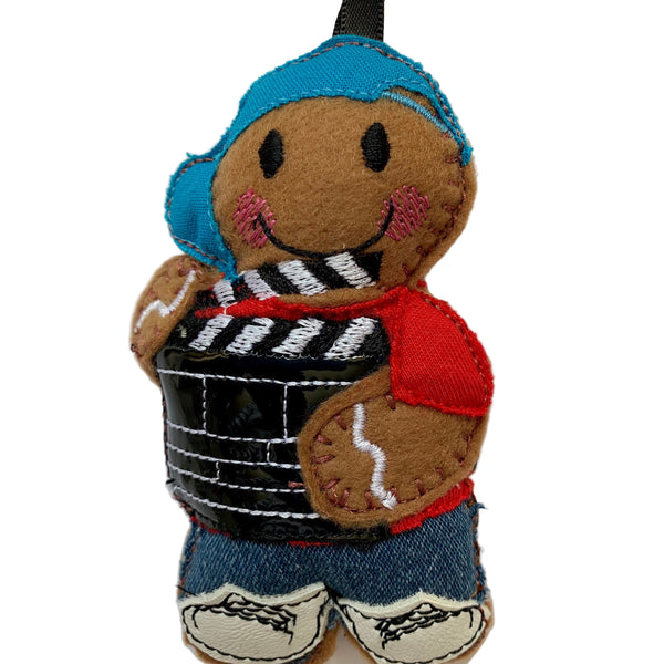 Clapper loader machine embroidered felt gingerbread Christmas decoration.