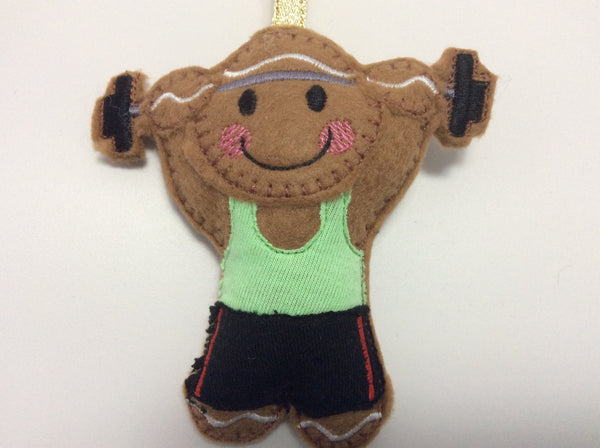 Weightlifting felt  gingerbread man ornament.