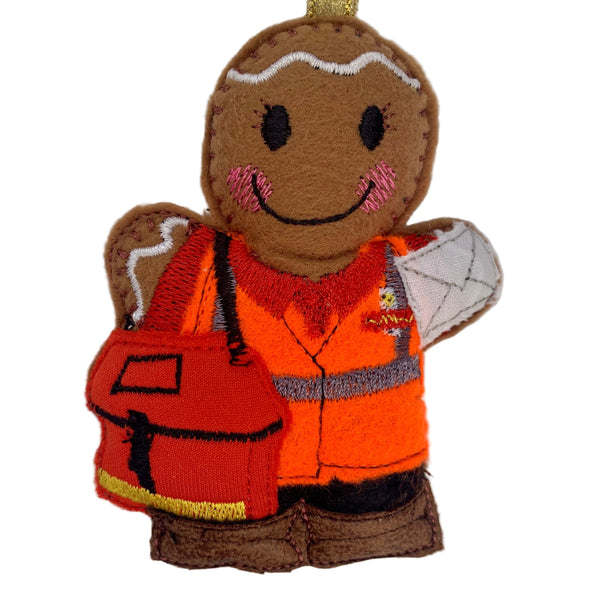 Postman gingerbread man decoration, in orange uniform