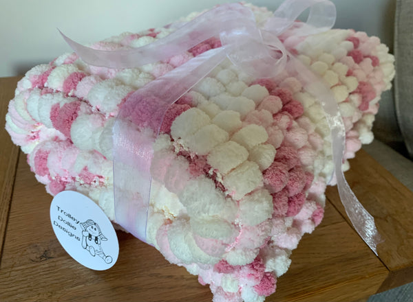 Hand knitted pom pom baby blanket, large size made to order in a super soft pink, rose, beige and white yarn.