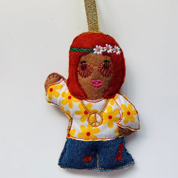 Hippie girl, machine embroidered felt Christmas tree decoration.