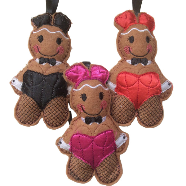 Bunny girl gingerbread decoration. Available in a pink, red or black satin fabric bunny girl outfit.