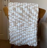 Beige Baby Blanket, Hand Knitted, Pom Pom Wool (Large)