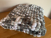 Grey Baby Blanket, Hand Knitted, Pom Pom Wool (Large)