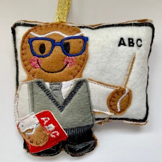 Machine embroidered felt teacher gingerbread man Christmas tree decoration