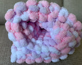 Pink Baby Blanket, Hand Knitted, Pom Pom Wool (Large)