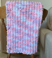 Pink Baby Blanket, Hand Knitted, Pom Pom Wool (Large)