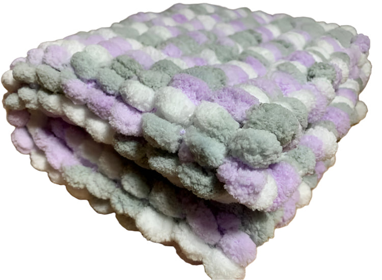 Purple Pram Cover, Hand Knitted Pom Pom Wool Baby Blanket (Small