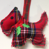 Scottish Terrier Christmas Decoration in Red Tartan Fabric.