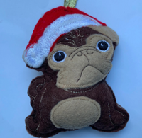 Chocolate Pug in Santa Hat, Felt Christmas Tree Decoration.