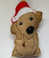 Golden retriever in Santa hat, machine embroidered felt Christmas decoration.