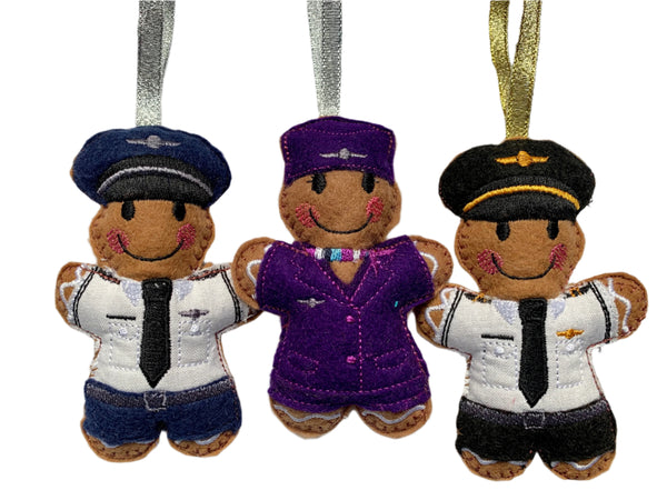 Airline pilot and cabin crew felt gingerbread man decorations.