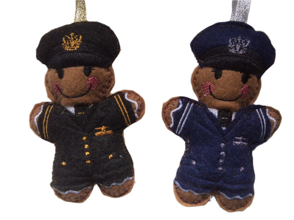 Airline pilot felt gingerbread decorations in black or navy blue uniform.