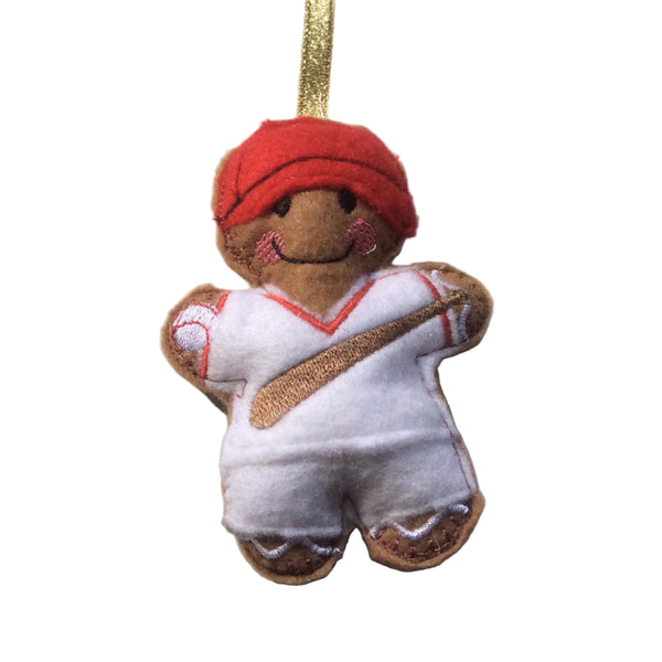 Baseball player, felt gingerbread man decoration.  Lightly filled with a polyester stuffing and hand sewn to finish.
