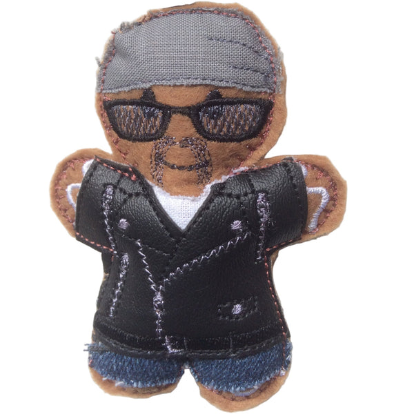 Biker in headscarf gingerbread man decoration.