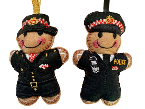 City of London Police Officer felt gingerbread  decoration. Displayed on white background.
