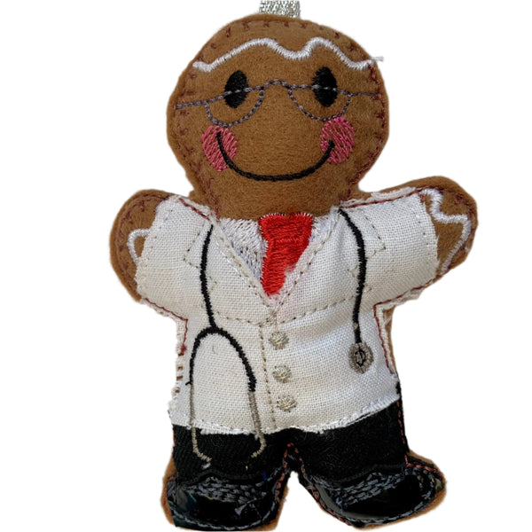 Doctor in traditional white coat, gingerbread man decoration. On white background.