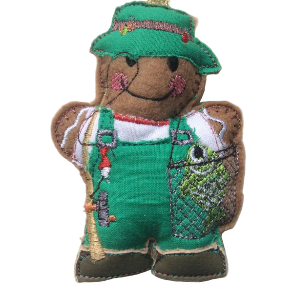 fishing gingerbread man decoration with a green hat, holding a fishing net and rod.