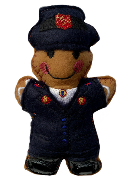 Gods army, machine embroidered felt gingerbread decoration, christian ornament for her. In navy, red, gold and white uniform with hat. On white background.