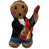 Guitarist, machine embroidered felt gingerbread man Christmas tree decoration.