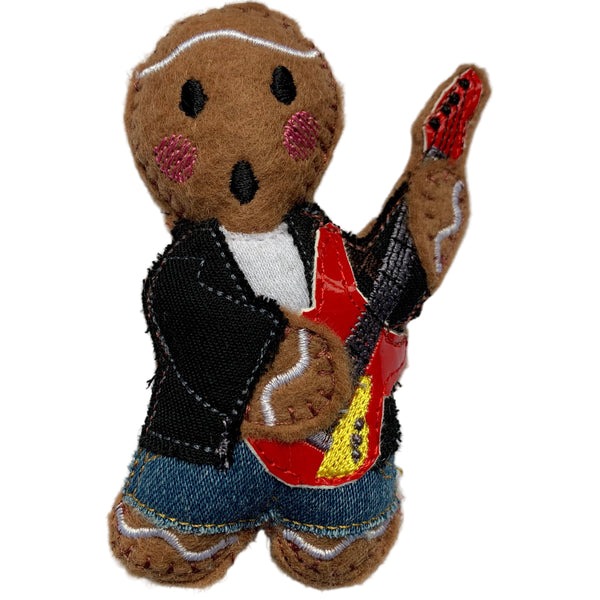 Guitarist, machine embroidered felt gingerbread man Christmas tree decoration.