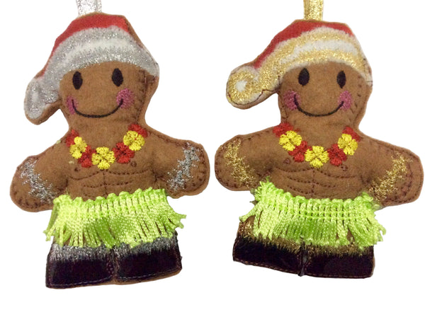 Hawaiian Santa, machine embroidered felt gingerbread Christmas decoration.