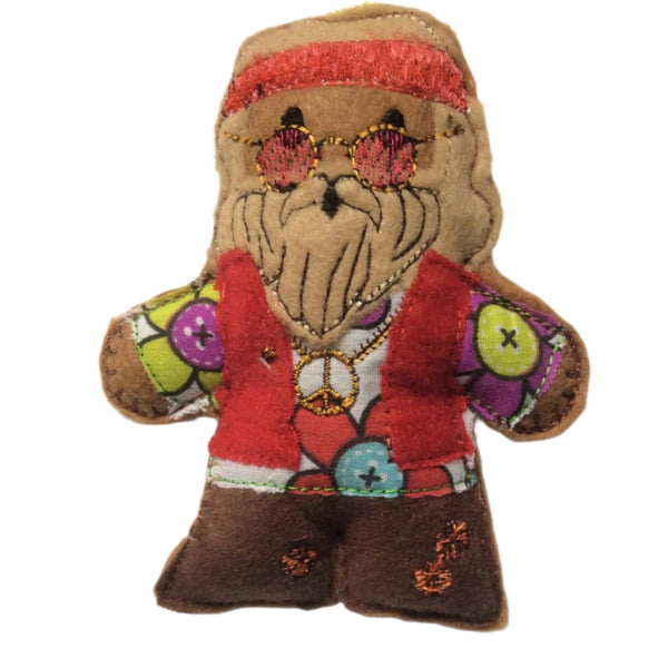 Hippie, machine embroidered felt gingerbread man decoration. Lightly filled, hand sewn finish.
