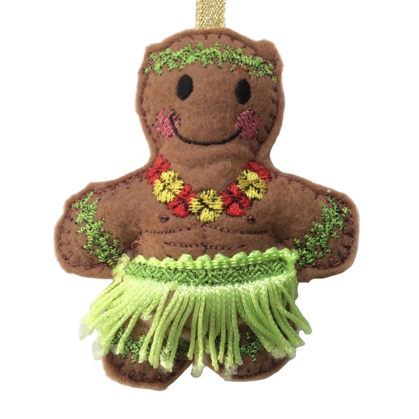 Machine embroidered felt, Hawaiian hula dancer gingerbread man decoration.  