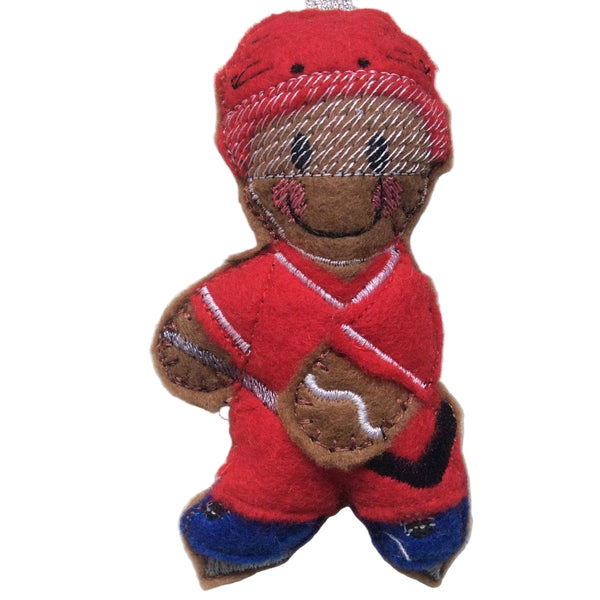 Machine embroidered felt, ice hockey player gingerbread decoration