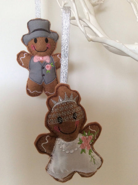 Bride and Groom felt gingerbread decorations. Beautiful Wedding day gift. lightly filled , hand finished.