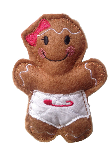 Personalised baby girl gingerbread decoration in white fabric nappy.