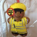 Lollipop man, school crossing patrol, machine embroidered felt, hanging Christmas tree decoration