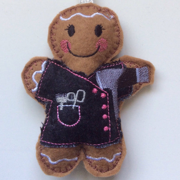 Hairdresser, machine embroidered felt gingerbread decoration.