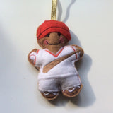 Baseball player, felt gingerbread man decoration.  Lightly filled with a polyester stuffing and hand sewn to finish.