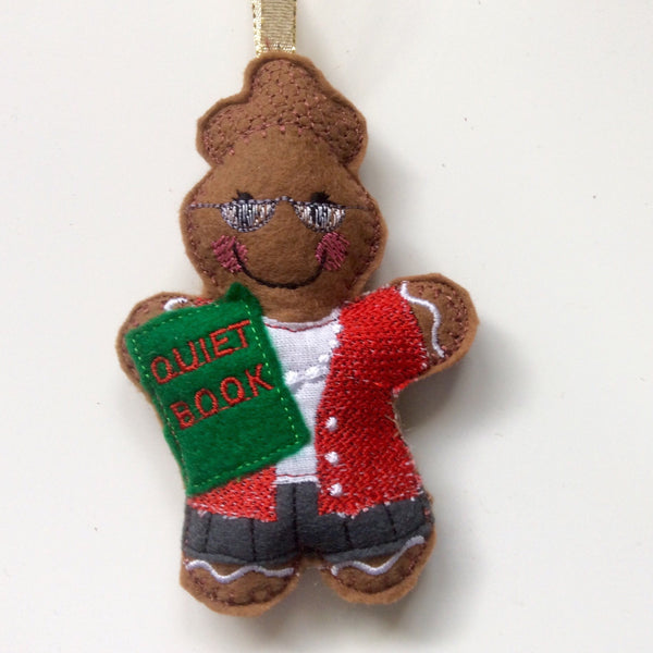 Librarian, machine embroidered felt Christmas tree decoration.