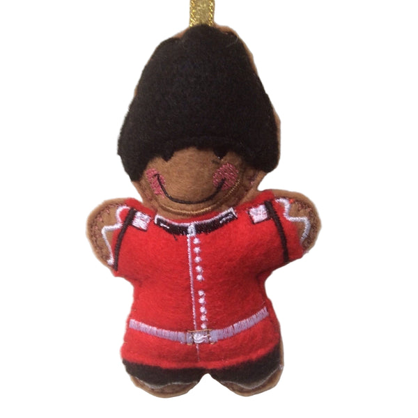 Grenadier guard machine embroidered felt gingerbread man Christmas tree decoration.